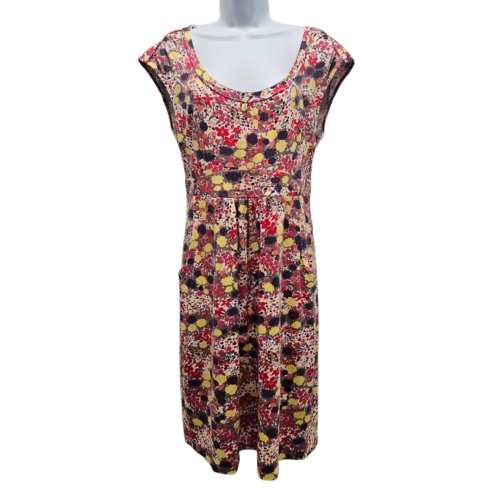 0095 Boden Floral Abstract Colorful Print Cap Sleeve Dress Pockets Sz 12 Casual